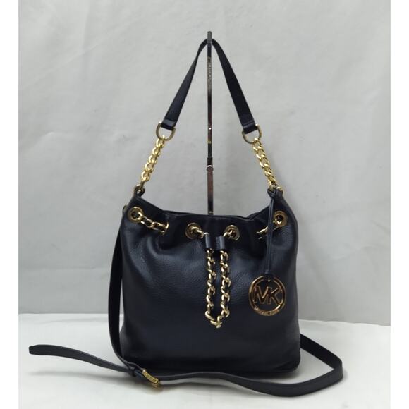 Michael Kors Black Leather Drawstring Chain Strap Shoulder Bag - Picture 1 of 15